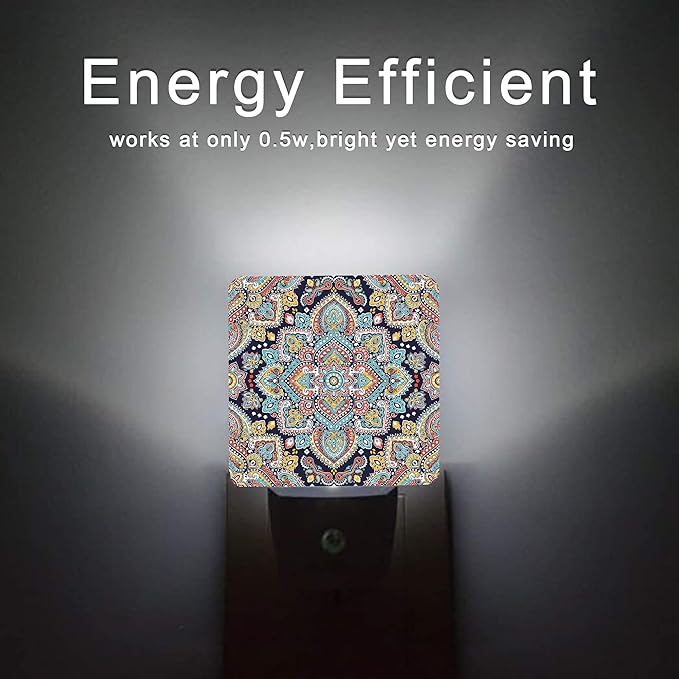 Mandala Floral Night Lights Plug into Wall Ethnic Mandala Night Light 0.5W Sleep Friendly for Boys Girls Led Night Light Dusk to Dawn Sensor Nightlight for Stairway/Hallway/Kitchen