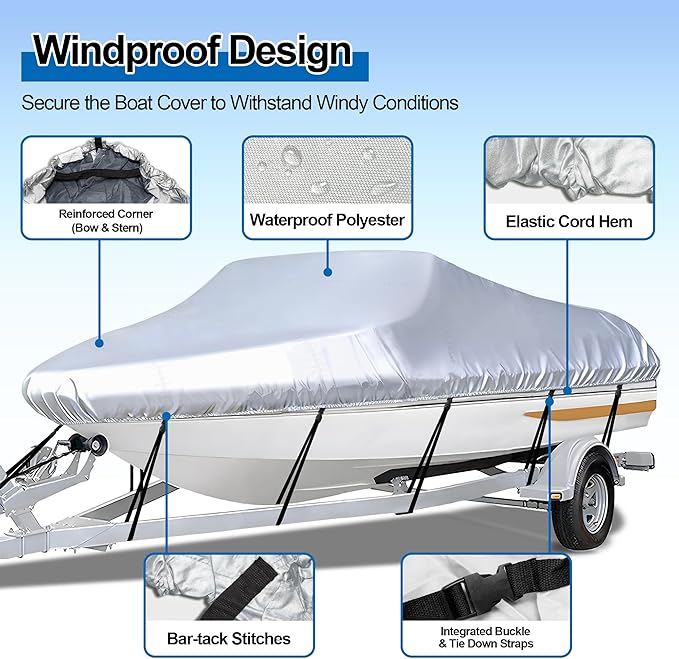 iCOVER Trailerable Boat Cover with Support Pole- 17'-19' Heavy Duty Waterproof Tarp Covers, Fits V-Hull, Fish&Ski, Pro-Style, Fishing, Runabout, Bass Boats, up to 17ft-19ft Long X 96" Wide