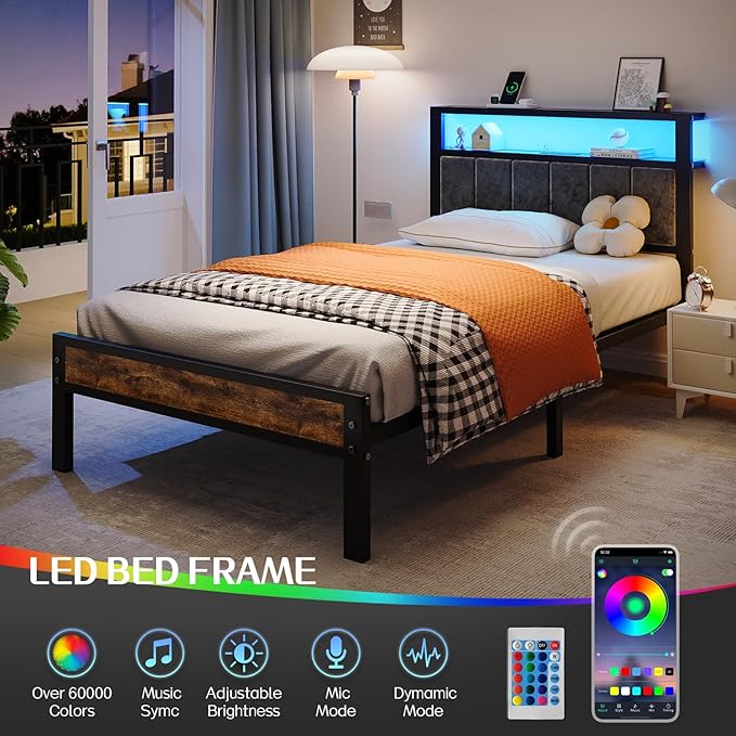 Twin Size Platform Bed Frame with LED Lights, Grey Upholstered Headboard with 2-Tier Storage Shelves, Charging Station, Noise Free, No Box Spring Needed, Easy Assemably