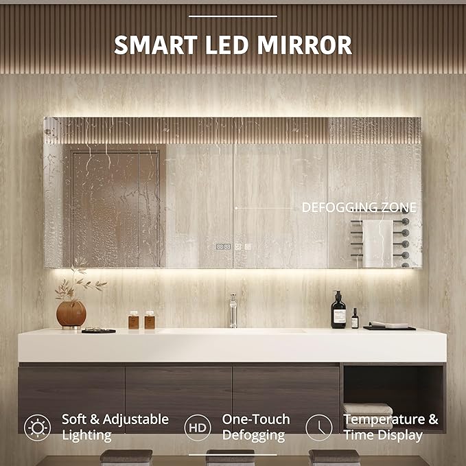 84" Modern Floating Bathroom Vanity Set with Sink, LED Smart Mirror Cabinet, 3 Soft-Close Drawers and Open Storage Shelves, Grey Oak