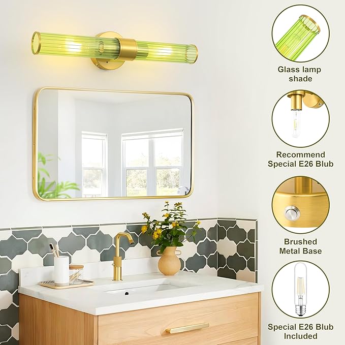 Gold Battery Operated Wall Sconces Set of 2, Rechargeable Wall Lights with Remote Control, 20 Inch Modern Wireless Wall Lamp for Bedroom, Living Room with Green Shade (Bulbs Included)