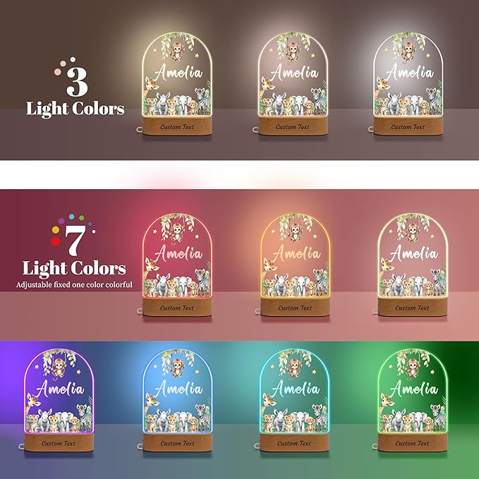 Personalized Baby Gifts for Kids Boys Girls, Custom Name LED Lamp, Safari Jungle Animals Acrylic Plaque Night Light,Baby Shower Christmas Newborn Gifts for Toddler, Children's Nursery Decor