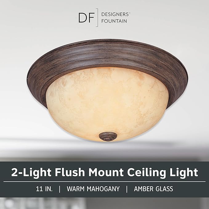 DESIGNERS FOUNTAIN Reedley 2-Lights Flush Mount Ceiling Light, 11 Inch Lighting Fixture for Kitchen, Bedroom, Bathroom, and Hallway, Amber Glass, Warm Mahogany, 1257S-WM-AM