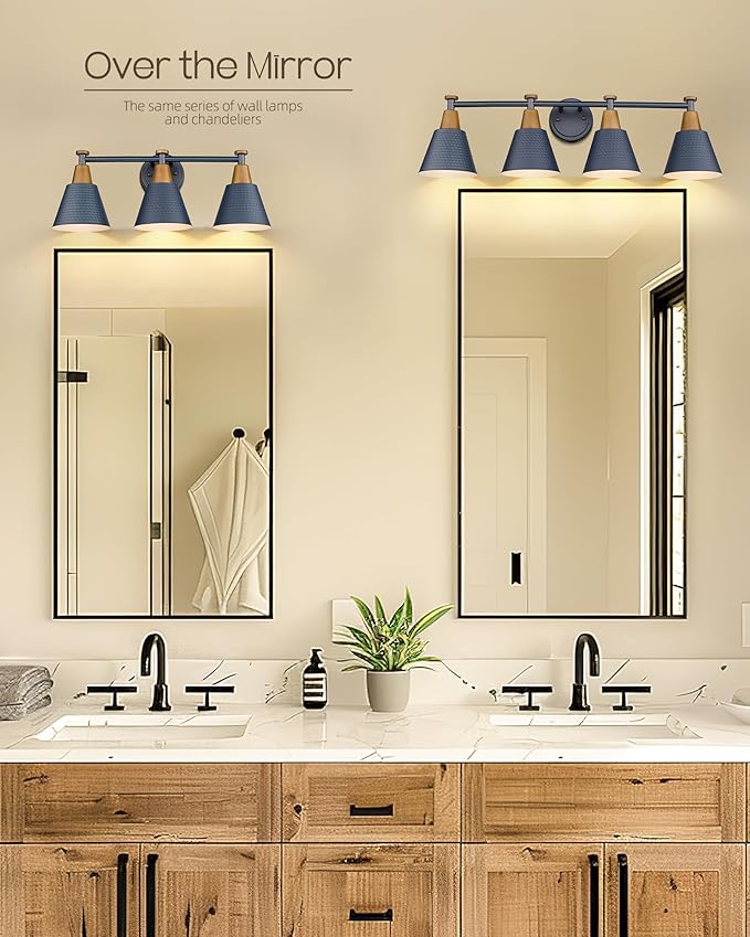 FEMILA 4-Light Bathroom Light Fixtures, Farmhouse Modern Vanity Lights Wall Lamp with Hammered Metal Shade Finish, Dark Blue, 4FG59B-4W Blue
