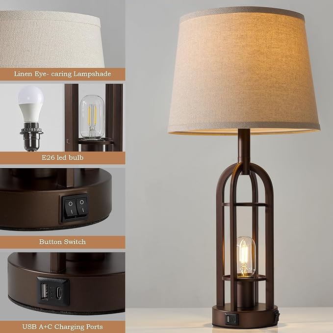 Table Lamps for Living Room End Table Set of 2 - Farmhouse Industrial Bedside Lamps for Bedroom Nightstand with Nightlight and USB A+C, 4 Bulbs Included
