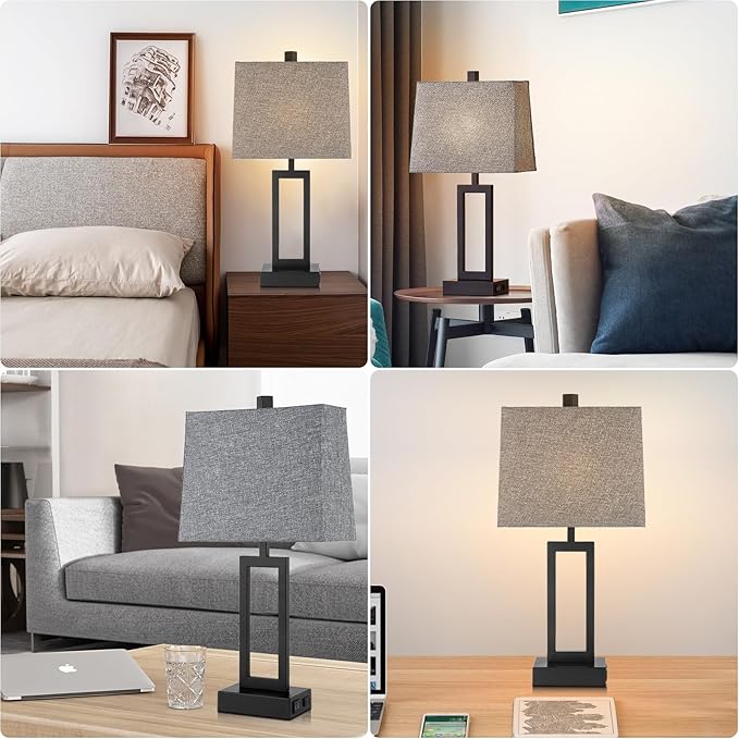 Touch Control Table Lamps Set of 2, Modern Bedside Lamps with USB A+C Ports & AC Outlet, 3 Way Dimmable Contemporary Nightstand Lamps for Bedroom Living Room Gray(LED Bulb Included)