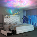 Full Led Bed Frame with Galaxy Aurora Star Projector, Full Size Platform Bed with 2 Storage Drawers, 52" Diamond Upholstered Headboard with Charging Station, Noise Free, No Box Spring Needed, PU White