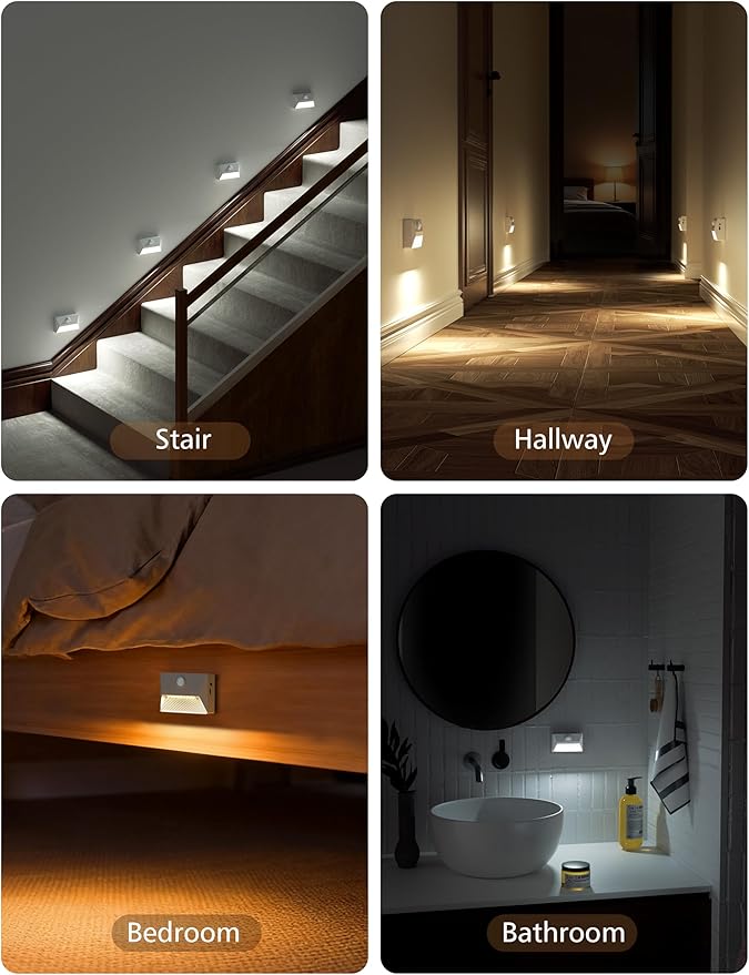 NIORSUN Rechargeable Stair Lights Indoor, Motion Sensor Night Light, 3 Colors and Motion Modes Battery Night Light with Light Sensor for Stairway, Hallway, Bathroom, Kitchen, Bedroom White 4 Pack