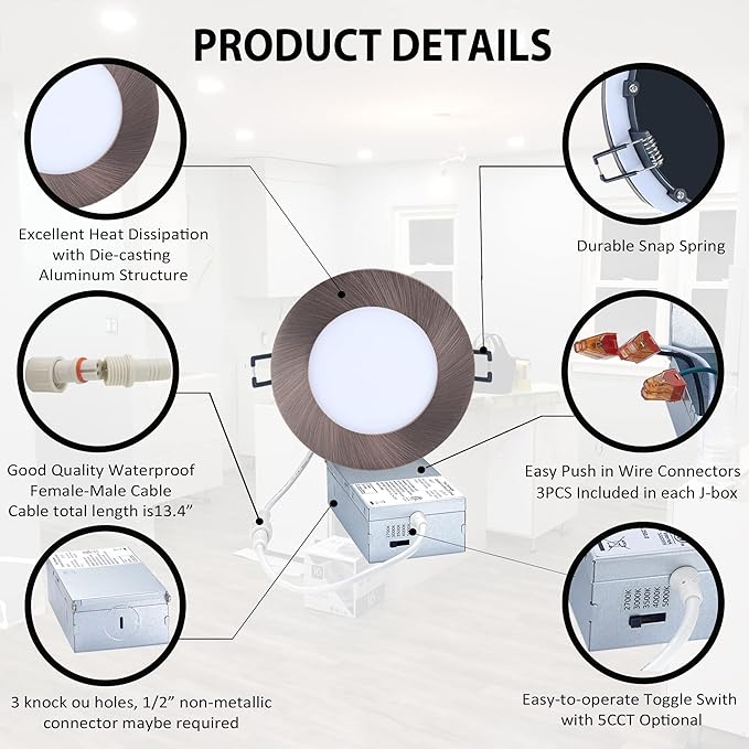 Premium LED-Canless Downlight Recessed Lighting 4-inch 5 CCT Adjustable Dimmable Recessed Lights Fixture with Junction Box, Ceilling Light with Junction Box, 9W, Oil Rubbed Bronze, 6 Pack