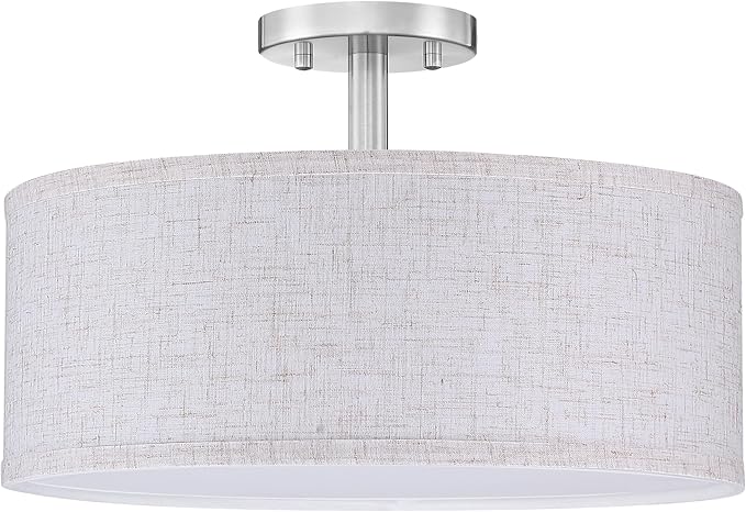 LED 18W Adjustable 3000/4000/5000K 15 Inch Drum Lenin Fabric Brushed Nickel Semi Flush Mount Close to Ceiling Light Fixture for Bedroom,Living Room,Dining Room Hallway