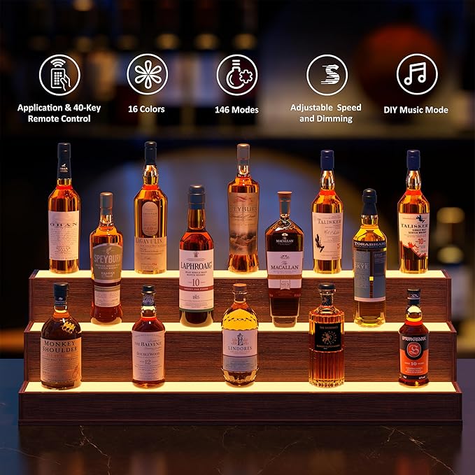 LED 38 Inch Bar Display Shelf, Wine Rack Bottle Shelf with App & Remote Control, 3 Step Freestanding Holding Bottles for Home Bar, Party, Walnut