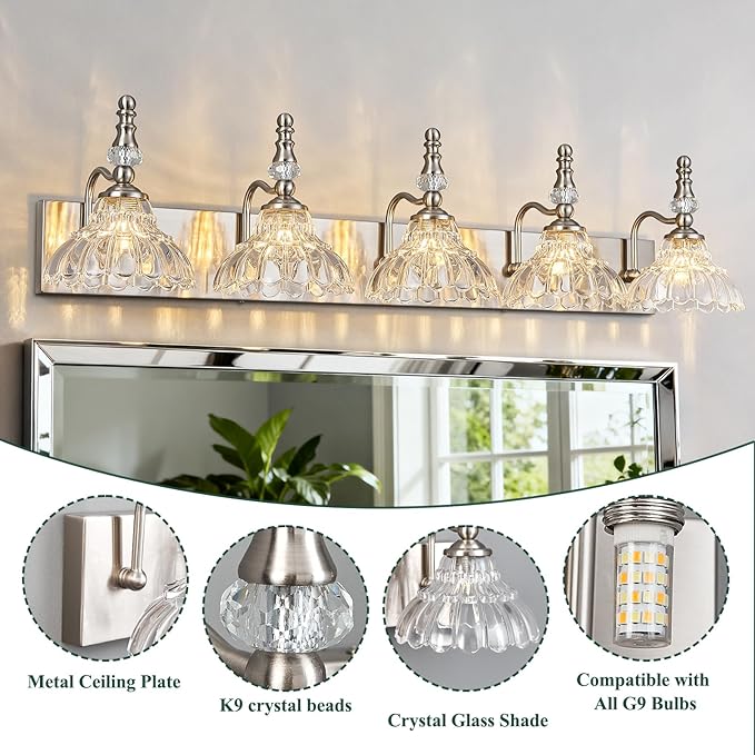 Vintage Bathroom Vanity Light, 5-Light Brushed Nickel Vanity Lighting Fixture with Flower Glass Shade, Bathroom Lighting Fixtures Over Mirror