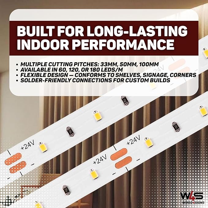 Wired4Signs Decor Indoor LED Strip Light 24V Dimmable Flexible High CRI 90+ Accent Cove Crown Molding Under Cabinet Baseboard Ambient White 5M (Natural White 4000K, 60 LEDs/m (1.32W/m))