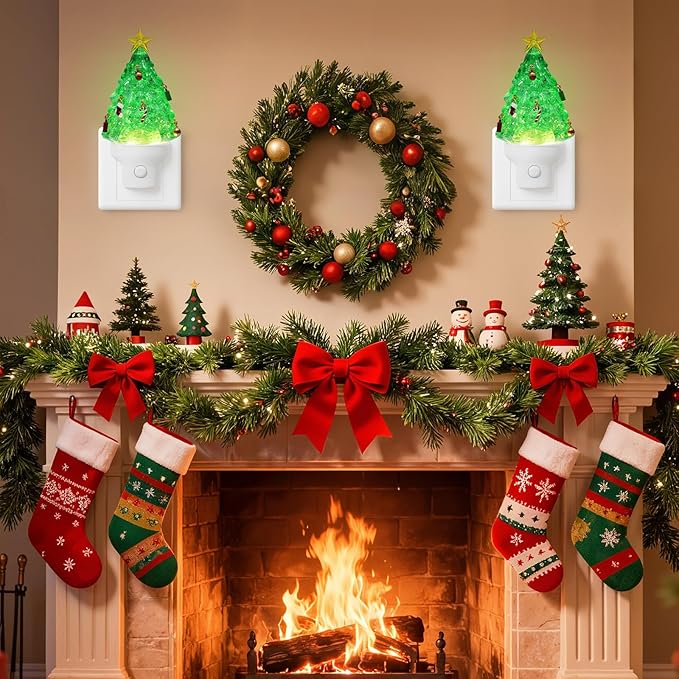 2 Pack Christmas Night Lights Plug into Wall Glitter Christmas Tree Nightlights with USB/Outlet Options, Xmas Night Lights Decorative for Bedroom Living Room Kitchen Holiday Decorations Gifts (Tree)