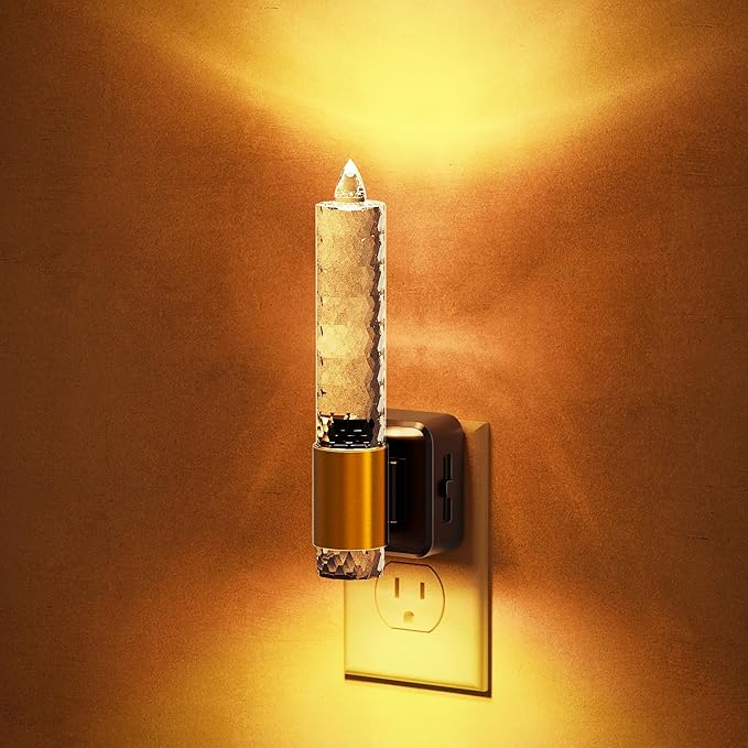 JandCase Night Light, Flameless Candle Amber Night Lights Plug into Wall, Auto On/Off Light Sensor LED Crystal Dimmable Nightlight, 0-100LM Decorative nite Light for Adults Bathroom Hallway, 1Pack