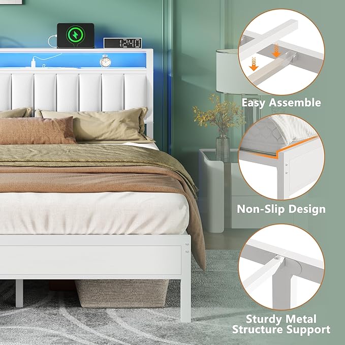 Furnulem White Queen Bed Frame with Charging Station & Led Lights, Pu Leather Upholstered Headboard W/ 2-Tier Storage Shelves, No Box Spring Needed, Metal Slat Support, Solid And Stable, Easy Assembly