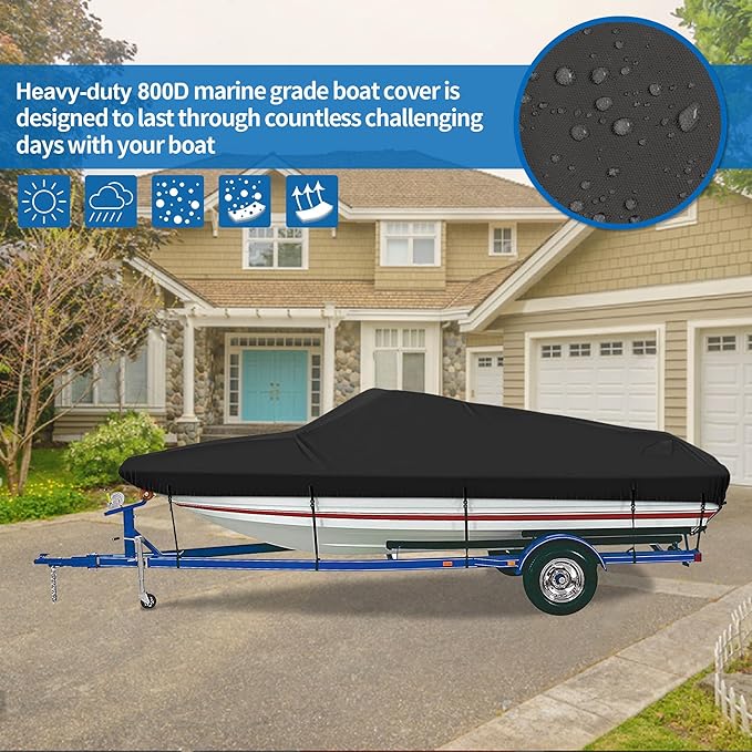 iCOVER Trailerable Boat Cover- 16'-18.5' 800D Water Proof Heavy Duty, Fits V-Hull, Fish&Ski, Pro-Style, Fishing, Utiltiy, Runabout, Bass Boats, up to 16ft-18.5ft Long X 94" Wide