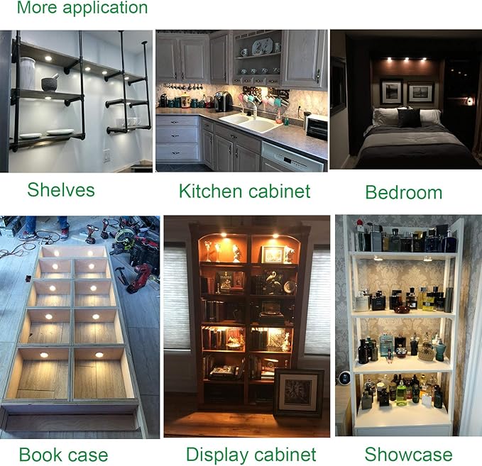 AIBOO Under Cabinet Lighting Kit, Plug in LED Puck Lights with Wireless Dimmable RF Remote Control,12v Stick on Lights for Kitchen Counter, Closet and Shelves(12 kit,Warm White)