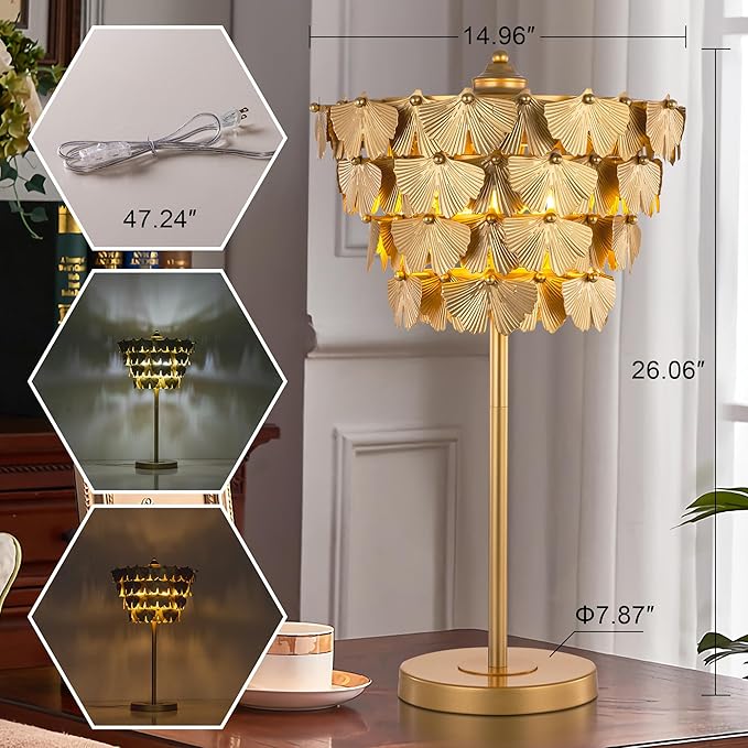 TOCHIC 3 Lights Table Lamp for Living Room, Gold Ginkgo Leaves Bedside Table Lamp for Bedroom, 26" Tall Modern Traditional Desk Nightstand Lamp for Entryway, Staircase, Home Office
