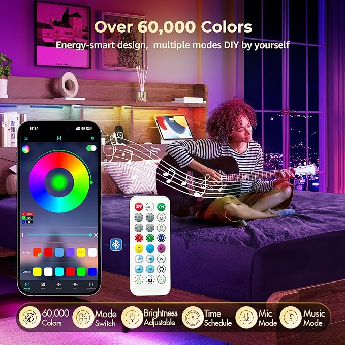 Queen Bed Frame with 2-Tier Storage Headboard, LED Lights, Charging Station, 2 Drawers, 900lbs Capacity, Wood & Metal Platform, Noise-Free, No Box Spring Needed, Barn Door Design