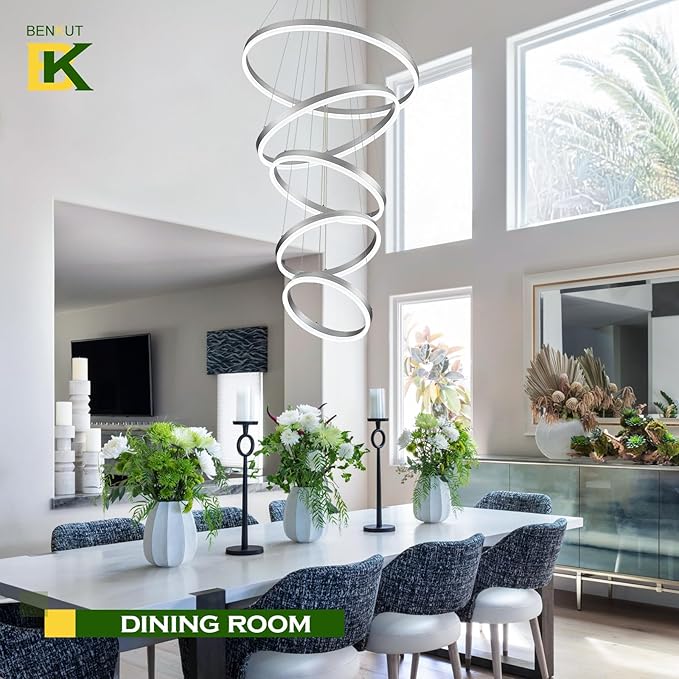 5-Rings Modern LED Chandelier Silver High Ceiling Chandelier with Remote Control Dimmable Pendant Lighting for Dining Room Foyer Living Room Entryway Staircase(3000K-6500K, D23.6’’)