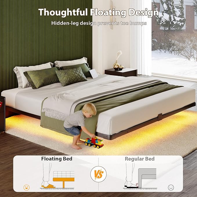 King Size Bed Frame, Floating Bed Frame King Size with Charging Station & LED Lights, Modern Metal Platform Bed with Mattress Slide Stopper, Noise-Free, No Box Spring Needed, Easy Assembly