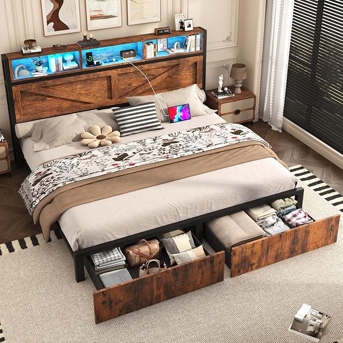Farmhouse King Bed Frame with Bookcase Storage Headboard, Charging Station, LED Light and 2 Storage Drawers, Noise Free, No Box Spring Needed, Brown