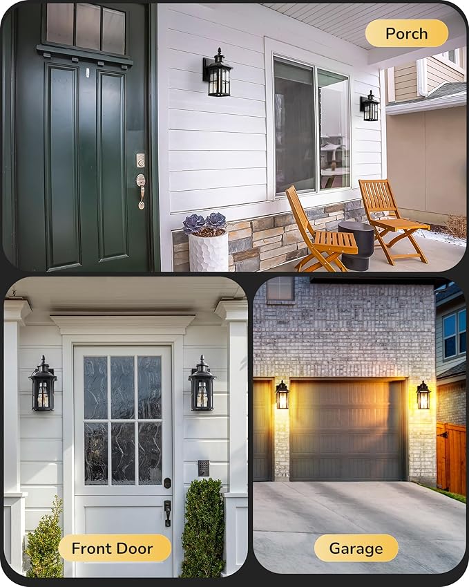 EDISHINE 2 Pack Motion Sensor Outdoor Wall Lights, Dusk to Dawn Exterior Lighting Fixture, Modern Porch Light Wall Mount, Clear Water Glass, Anti-Rust Aluminum for Front Door Garage, Patio, Black
