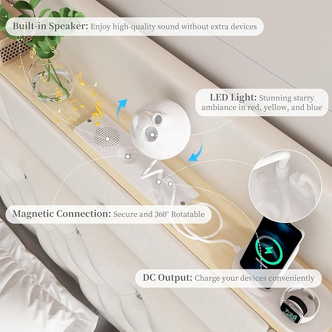 King Led Bed Frame with Galaxy Aurora Star Projector, King Size Platform Bed with 2 Storage Drawers, 52" Diamond Upholstered Headboard with Charging Station, Noise Free, No Box Spring Needed, PU White