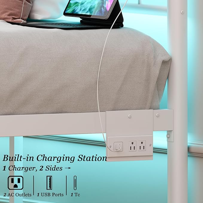 Full Size Bed Frame with Headboard,White Metal Platform Bed Frame Full Size with Charging Station & LED Lights,12-Inch Under Bed Storage,No Box Spring Needed,Noise Free,Easy to Assemble