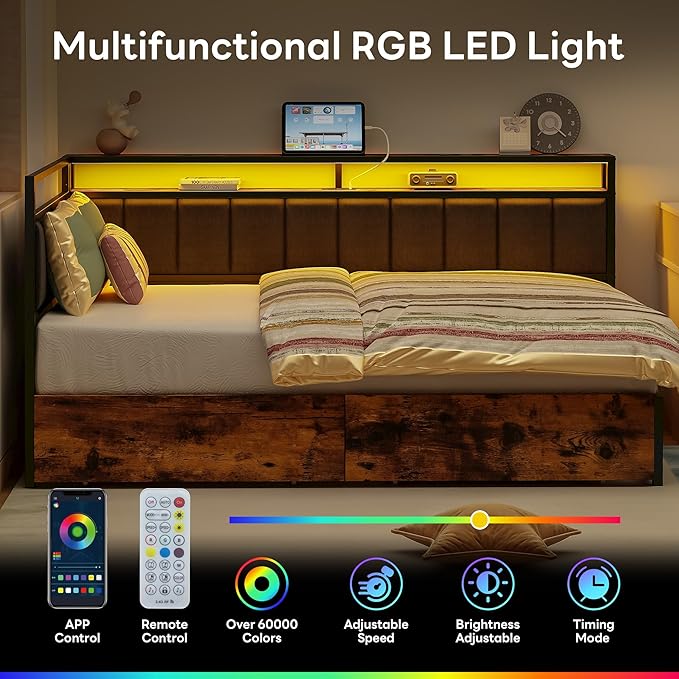 LIKIMIO Corner Bed Frame Full Daybed with Storage Drawers, Metal Platform Bed Frame with LED Light, Charging Station & Fabric Upholstered Fence, Black