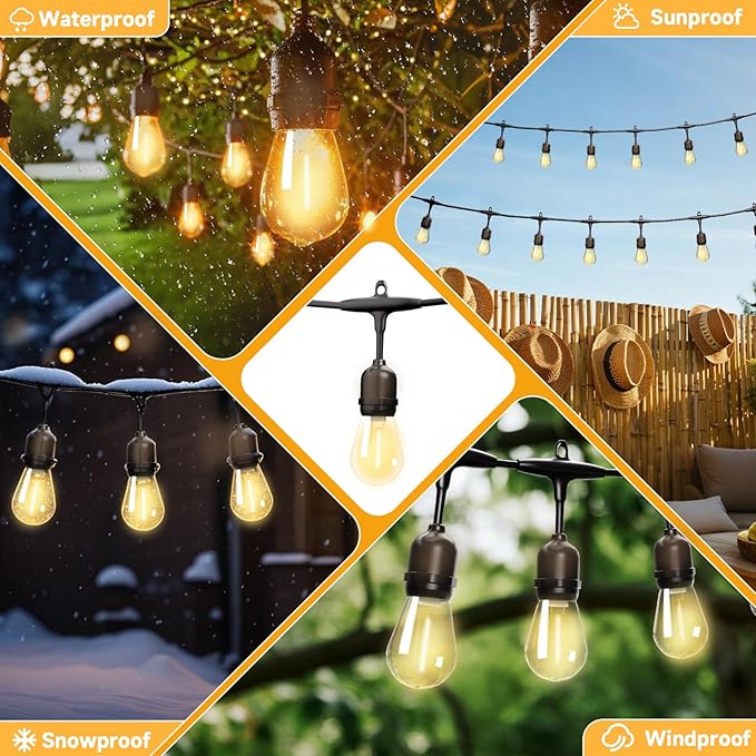 Outdoor Safety String Lights 100FT - Commercial Grade Low Voltage Strand with 40 S14 Shatterproof Bulbs for Tree Garden Yard bistro Cafe | Warm Yellow 3500K Party Lights | IP65 Waterproof | UL Listed