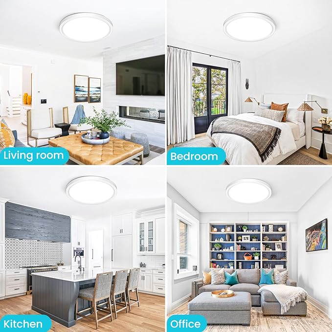 libtit 12 inch Flush Mount LED Ceiling Light Fixture, 3000K 4000K 6500K Adjustable, 28W 3200lm White Round Lighting Fixtures for Bathroom Shower Hallway Kitchen, 6 Pack