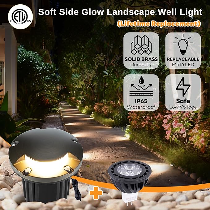 Gardenreet Landscape Well Lights Outdoor - Brass Weathproof Low Voltage In Ground Lighting, LED 12V Turret Top Fixture, Antique Bronze for Deck Floor Pathway with 2700K Warm White MR16 Bulb