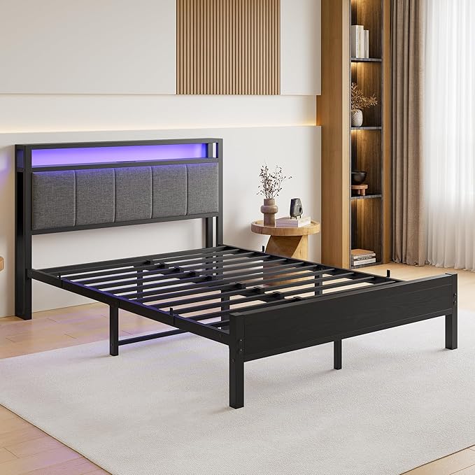 Queen Bed Frame with Headboard Storage,Upholstered Platform Bed Frame Queen Size with Charging Station and LED Lights No Box Spring Needed,Heavy Duty Steel Slats,Noise Free,Dark Grey