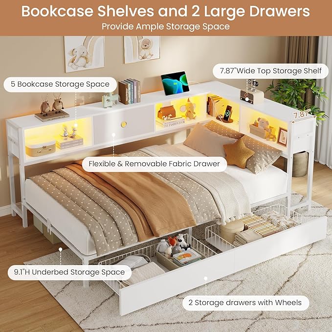 DICTAC Twin Corner Bed Frame with Bookcase Storage and Led Lights Twin Size Metal Platform Bed Frames with Storage Drawers and Charging Station Twin Size Daybed for Kids and Teen,Kids Bed Frame,White