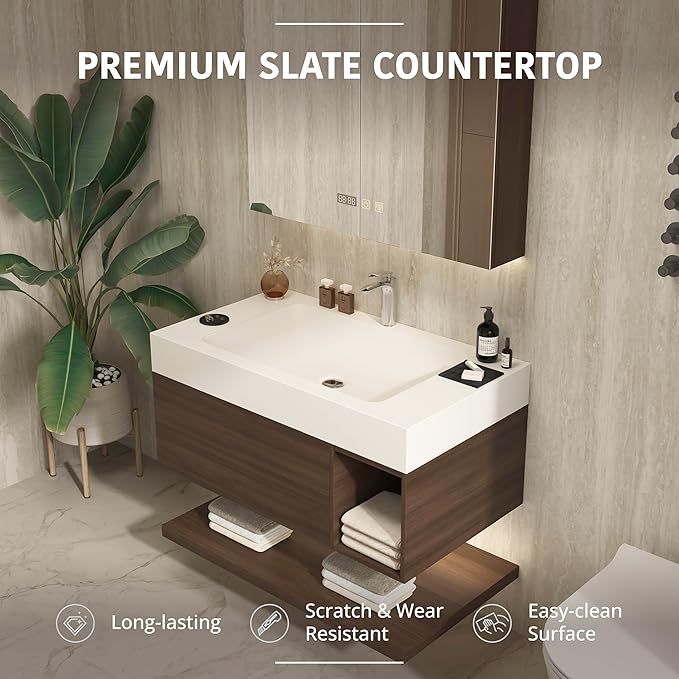 24" Modern Floating Bathroom Vanity Set with Sink, LED Smart Mirror Cabinet, Soft-Close Drawer and Open Storage Shelves, Walnut