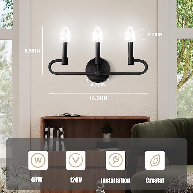 Bathroom Vanity Light, 3 Light Matte Black Vanity Lights with Crystal Bulbs, Crystal Bathrooms Wall Sconces, Bathroom Lighting Fixtures Over Mirror for Living Room Hallway (Includes Bulbs)