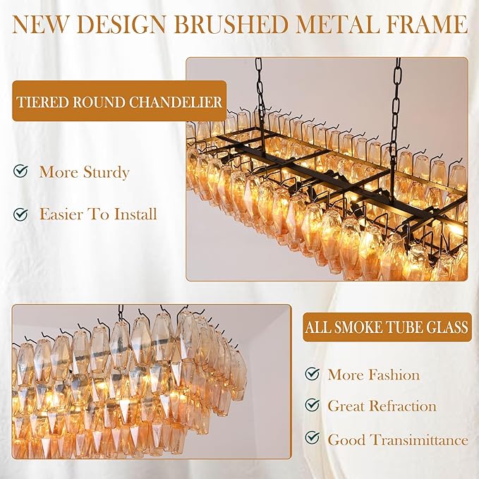 54" Black Rectangular Chandeliers for Dining Room, 12-Light 4 Tiered Large Smoke Glass Chandelier, Modern Kitchen Island Farmhouse Hanging Light Fixture for Living Room Foyer