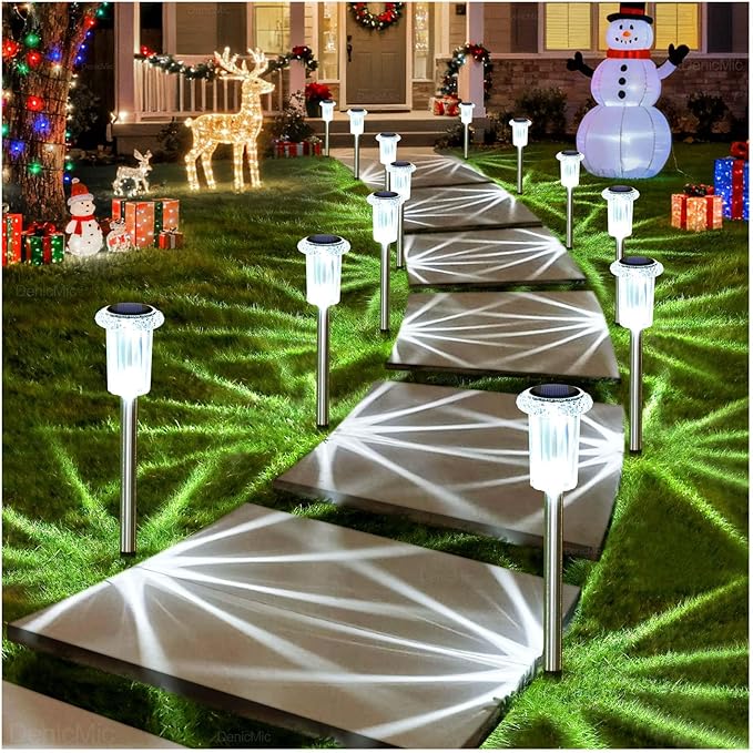 DenicMic Solar Lights Outdoor 15 Pack Waterproof 6000K Cold White LED Stainless Steel Stake for Pathway Yard Garden Driveway Solar Powered Outside Decor