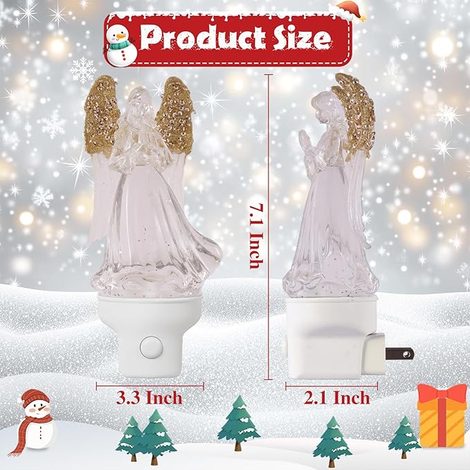 1 Pack Christmas Angel Night Light Plug into Wall Glitter Water Nightlight with USB/Outlet Options, Christmas Decorative Nightlight for Bedroom Kitchen Nursery Holiday Decorations Gifts (Angel)