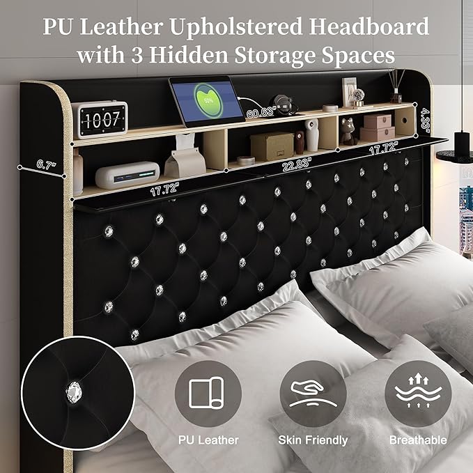 Queen Led Bed Frame with Galaxy Aurora Star Projector, Platform Beds with Charging Station, 52" Diamond Upholstered Wingback Bedframe with 2 Storage Drawers, No Box Spring Needed, PU Black