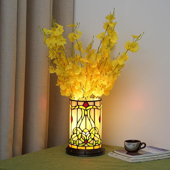 Tiffany Style Stained Glass Matam Table Lamp Living Room Bedroom Bedside Flower Vase Decor Small Night Light Cute Kids Accent E12 Led Cottage Aesthetic Nightstand Cylinder Vintage Desk Lamp
