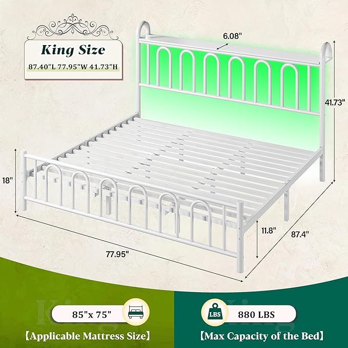 King Size Bed Frame Metal Platform Bed Frame/Victorian Headboard/LED Light/Sturdy Mattress Foundation with Under Bed Storage/No Box Spring Needed/Noise-Free/Easy Assembly, White