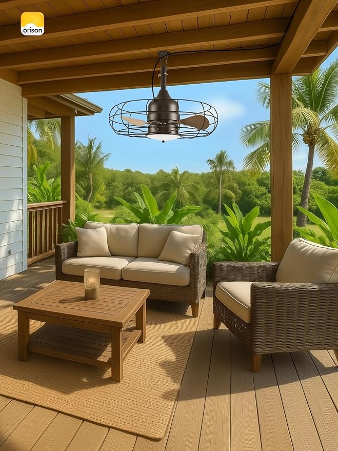 Orison Gazebo Fan,Outdoor Ceiling Fans with Light for Patios and Remote,21'' Wet Rated Outdoor Hanging Fan for Gazebo, Plug in Caged Lighting for Pergola Canopy, 3 Color LED Light, Waterproof