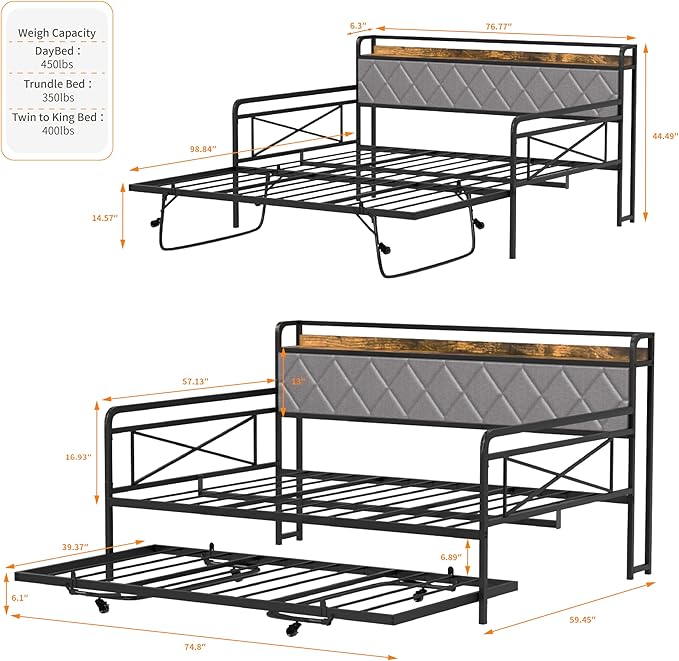 VINGLI Full Daybed with Trundle Bed, Upholstered Day Bed with LED Light & Charing Station, Sofa Bed Frame with Storage Headboard and Heavy Duty Metal Slats, for Living Room, Bedroom, Guest Room, Gray