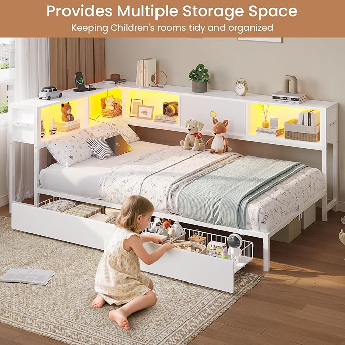 DICTAC Twin Corner Bed Frame with Bookcase Storage and Led Lights Twin Size Metal Platform Bed Frames with Storage Drawers and Charging Station Twin Size Daybed for Kids and Teen,Kids Bed Frame,White