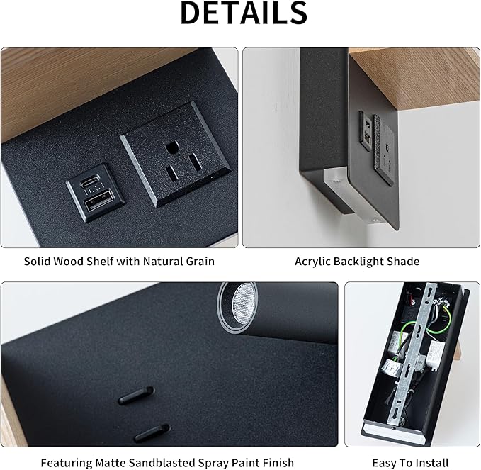 Swing LED Wall Sconce Plug in Cord for Bedroom, Modern 3-light Wall Light fixture with Shelf, charging port and Scoket for Living Room Reading Bedside, Modern Night Light Wall Decor, Black