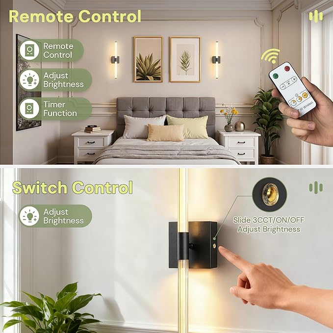 L LOHAS LED Battery Operated Wall Sconces Set of 2, 10000mAh Black and White Battery Wall Sconce, 3000K Dimmable Wireless Wall Light, Sconce Wall Decor for Bedroom, Living Room, 24in