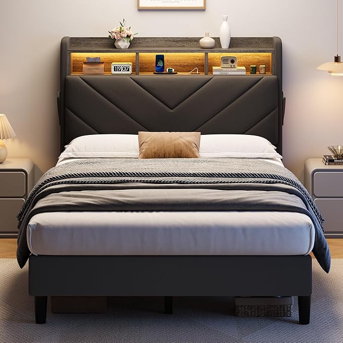Twin Size Velvet Bed Frame with Ergonomic Headboard, Upholstered Platform Bed with LED Light & Charging Station, Wooden Slats Support, Noise-Free, No Box Spring Needed (Grey)